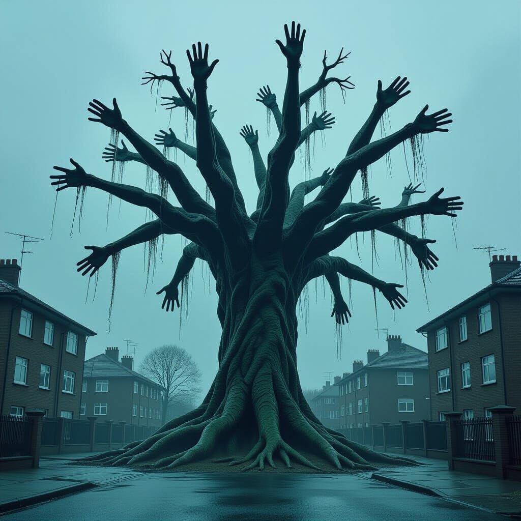 Hyperrealistic Tree of Human Remains in Storm