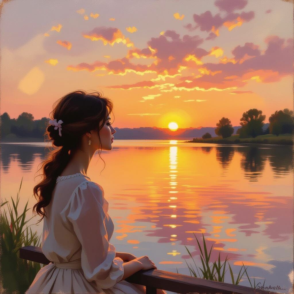 Romantic Sunset Lake Scene in Impressionistic Oil Style