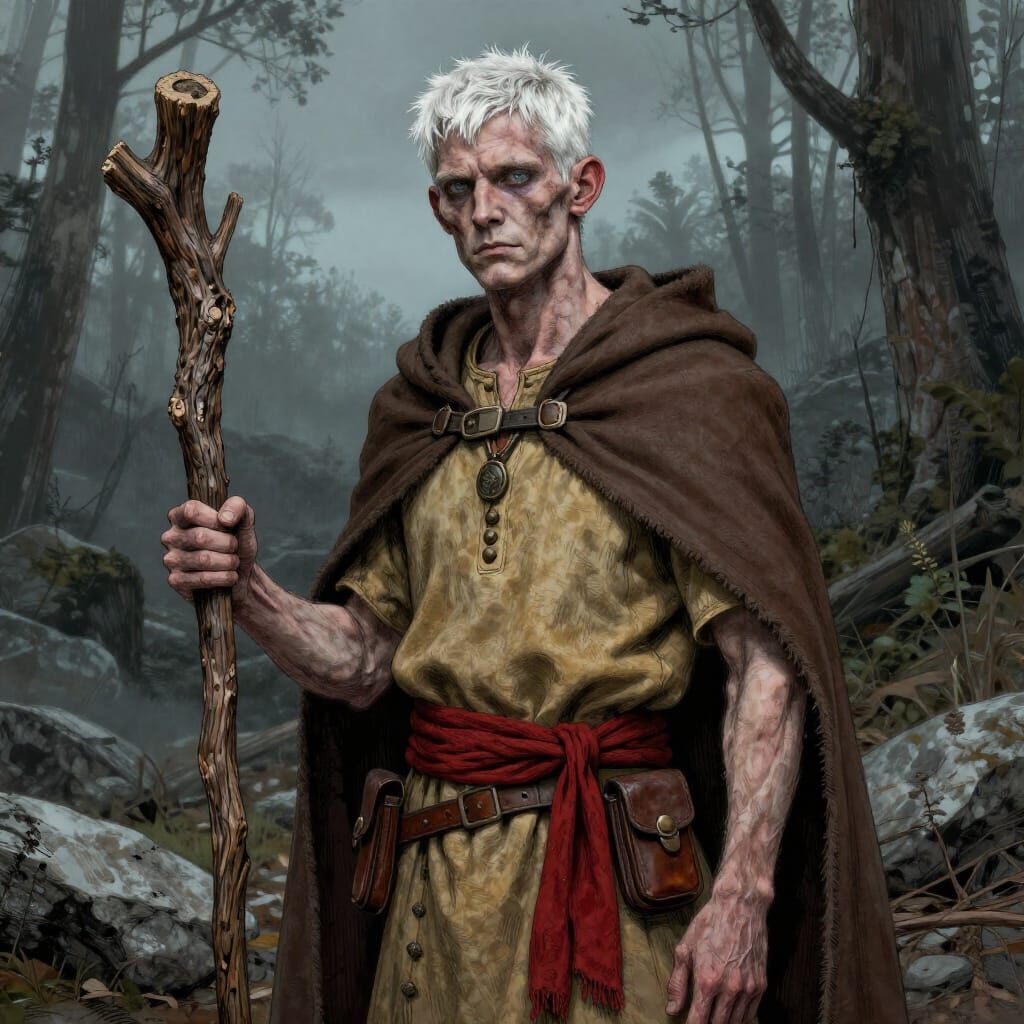 Emaciated Druid in Forest Wasteland, Pen and Ink Style