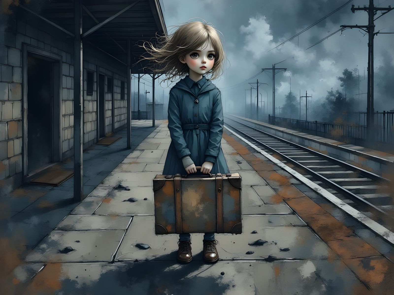 Girl on Train Platform in Art Brut Style