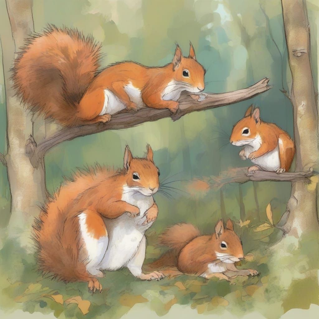 Cute Squirrel Family Sleeping in Forest, Quentin Blake Style