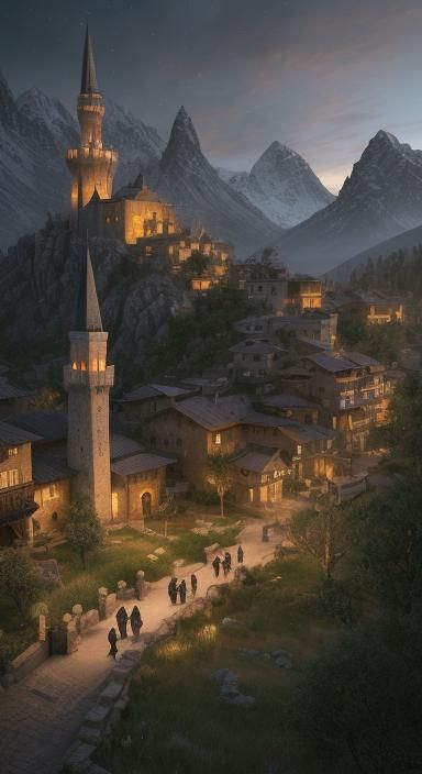 Golden Mosque in Mountain Village: Fantasy Oil Painting