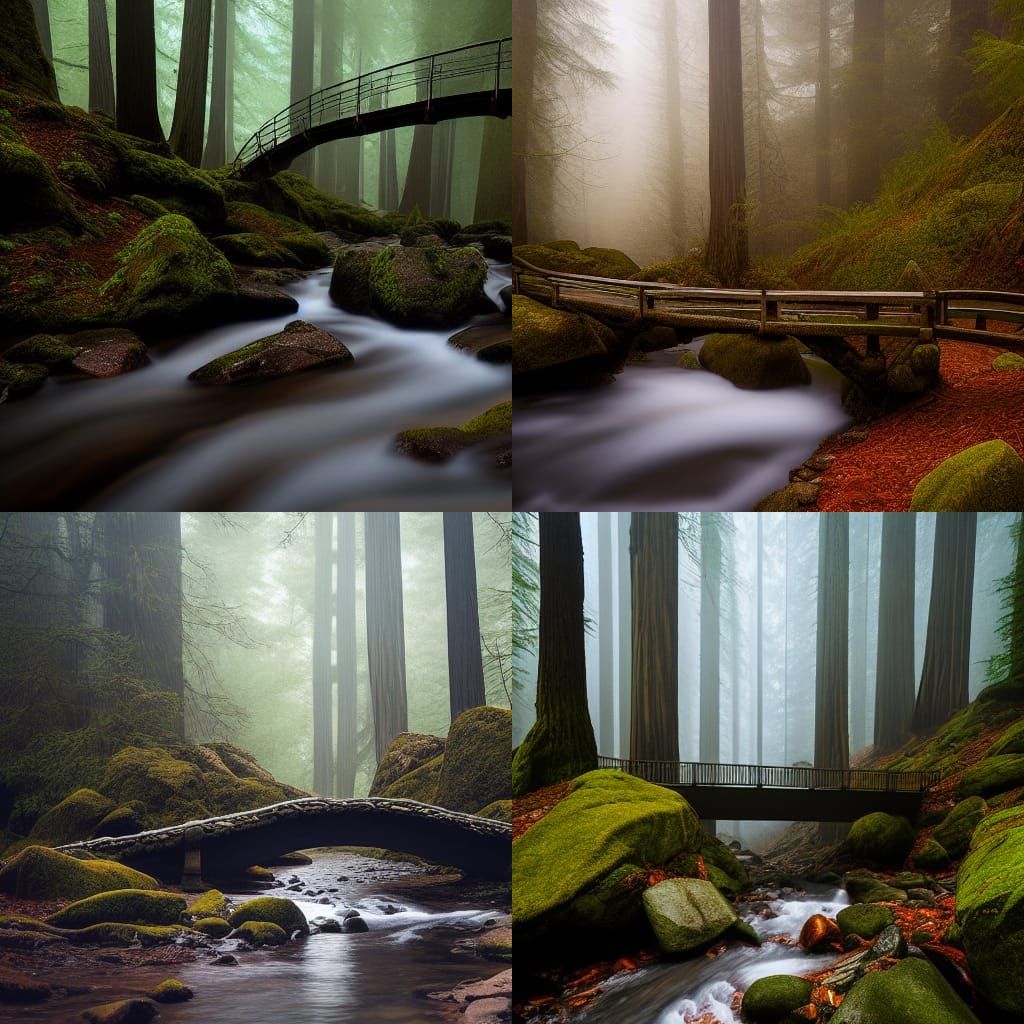 Foggy Redwood Forest: Footbridge Over Rocky Stream