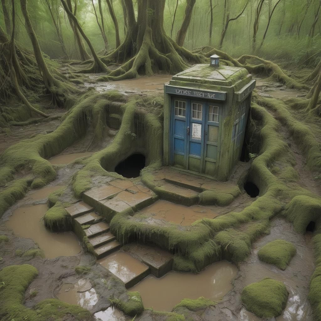 Dystopian Tardis Sculpture in Flooded Wasteland