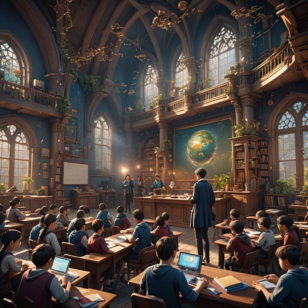Teacher and Students in Class: Detailed Matte Painting