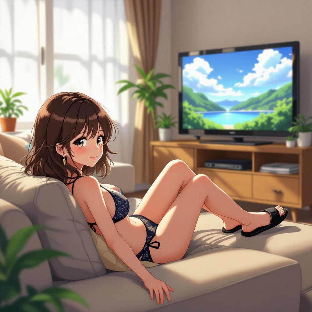 Anime Woman Relaxing Indoors, Digital Painting