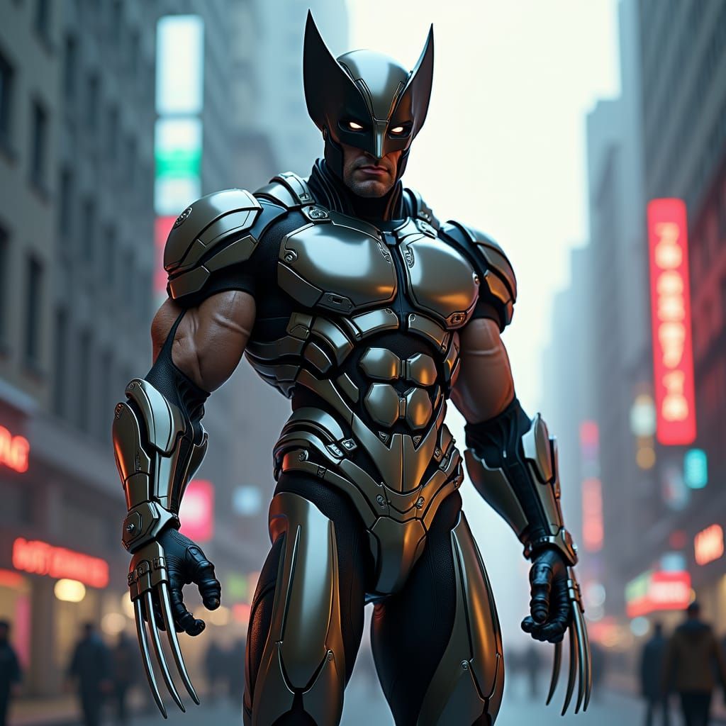 Mechanized Wolverine in a Neon Cityscape
