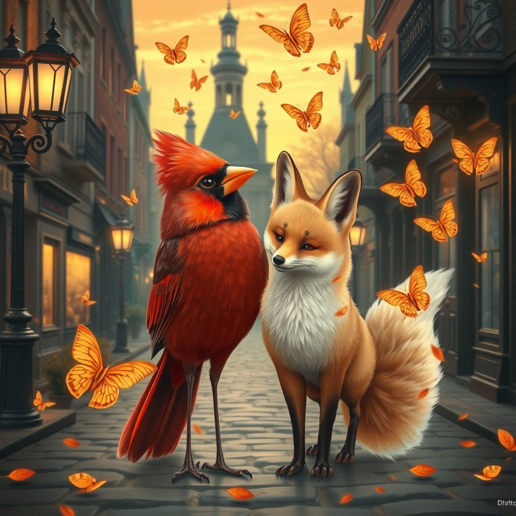 Cardinal and Fox in Victorian Town at Twilight