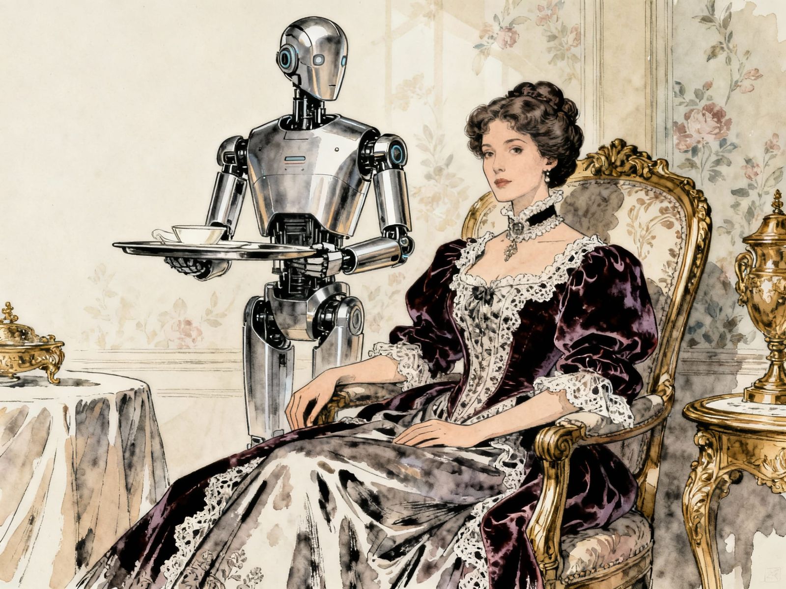 Victorian Woman with Robot Waiter in Opulent Comic Art Style