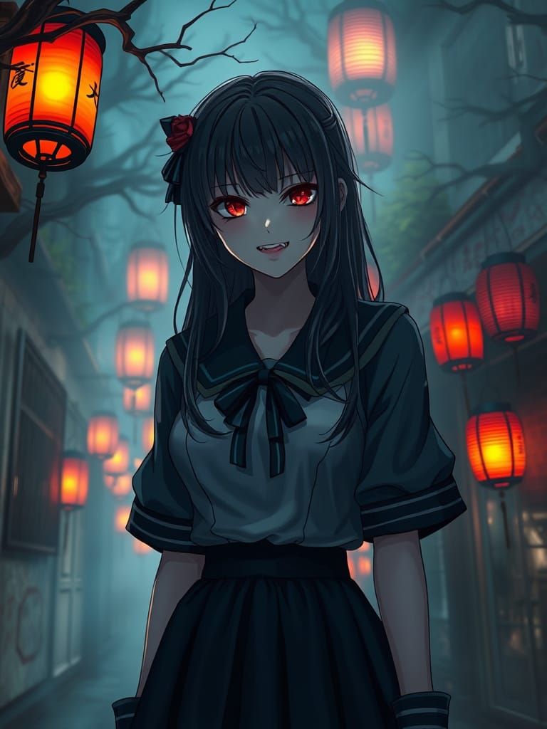Gothic Anime Vampire Schoolgirl in Dark Alleyway