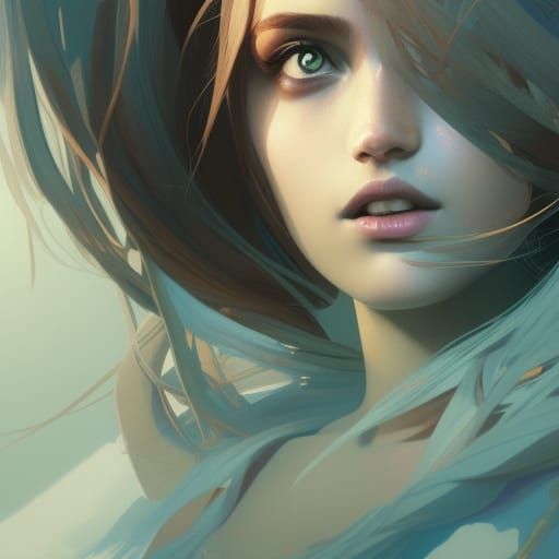 Rock Girl Portrait with Moon in Art Nouveau Style