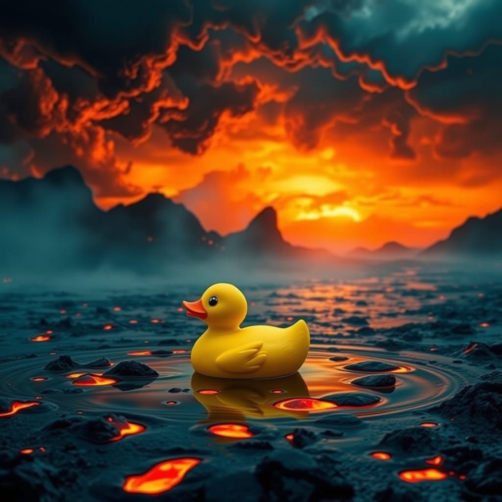 Vibrant Yellow Rubber Duck Surfaces in Molten Lava