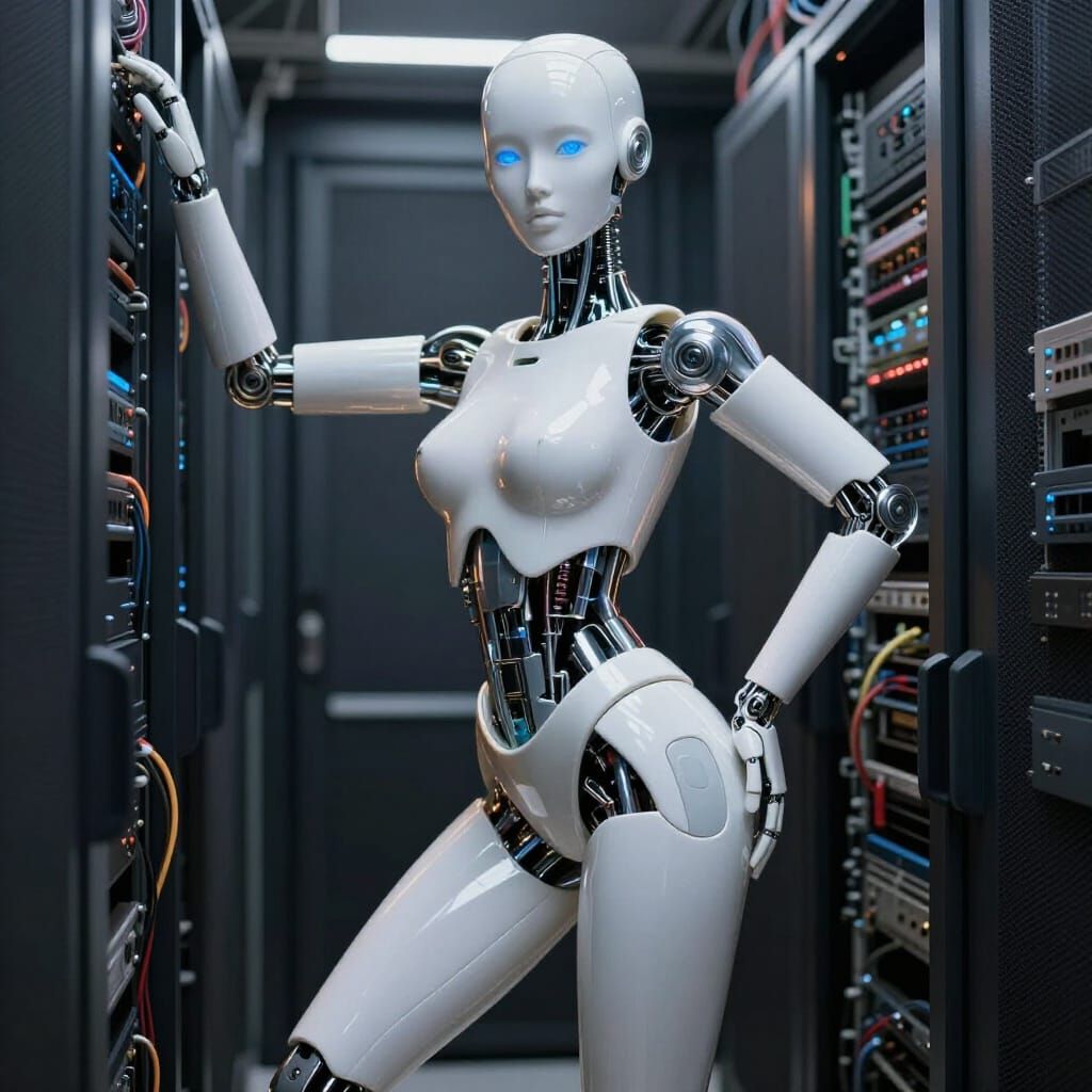 A hyper-realistic, cinematic of a next-generation "Physical AI" humanoid assistant in 2026. The android features a minim...