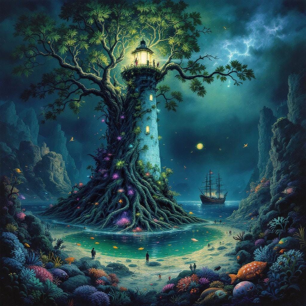 Bioluminescent Mangrove Lighthouse on Tropical Island