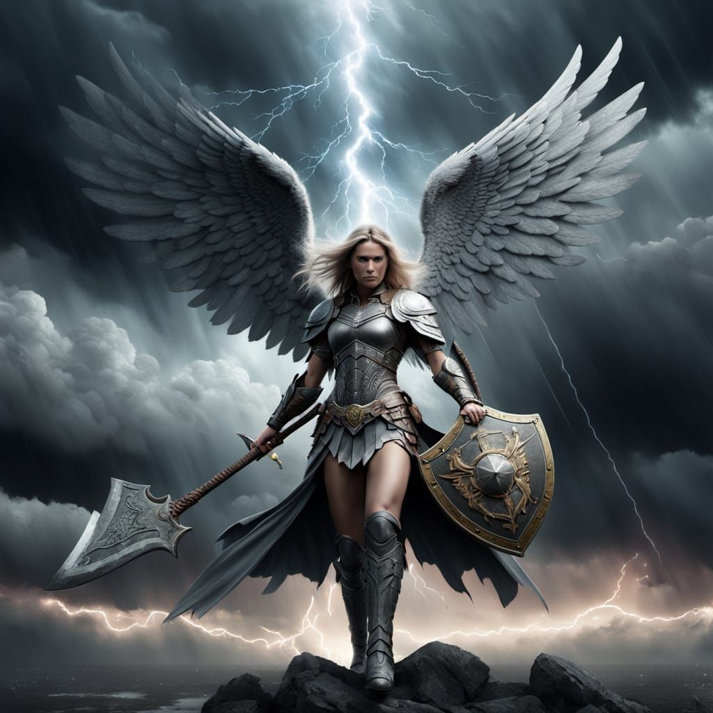 Ethereal Battle Angel with Axe in Stormy Sky