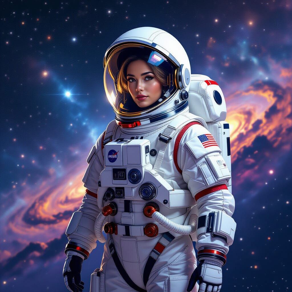 Astronaut in Inflated Suit in Futuristic Galaxy