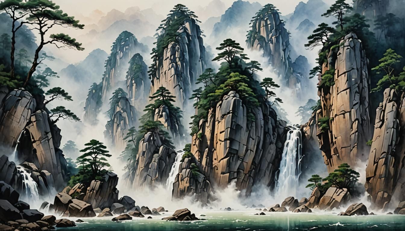 Huangshan Mountain Waterfall with Animist Altar