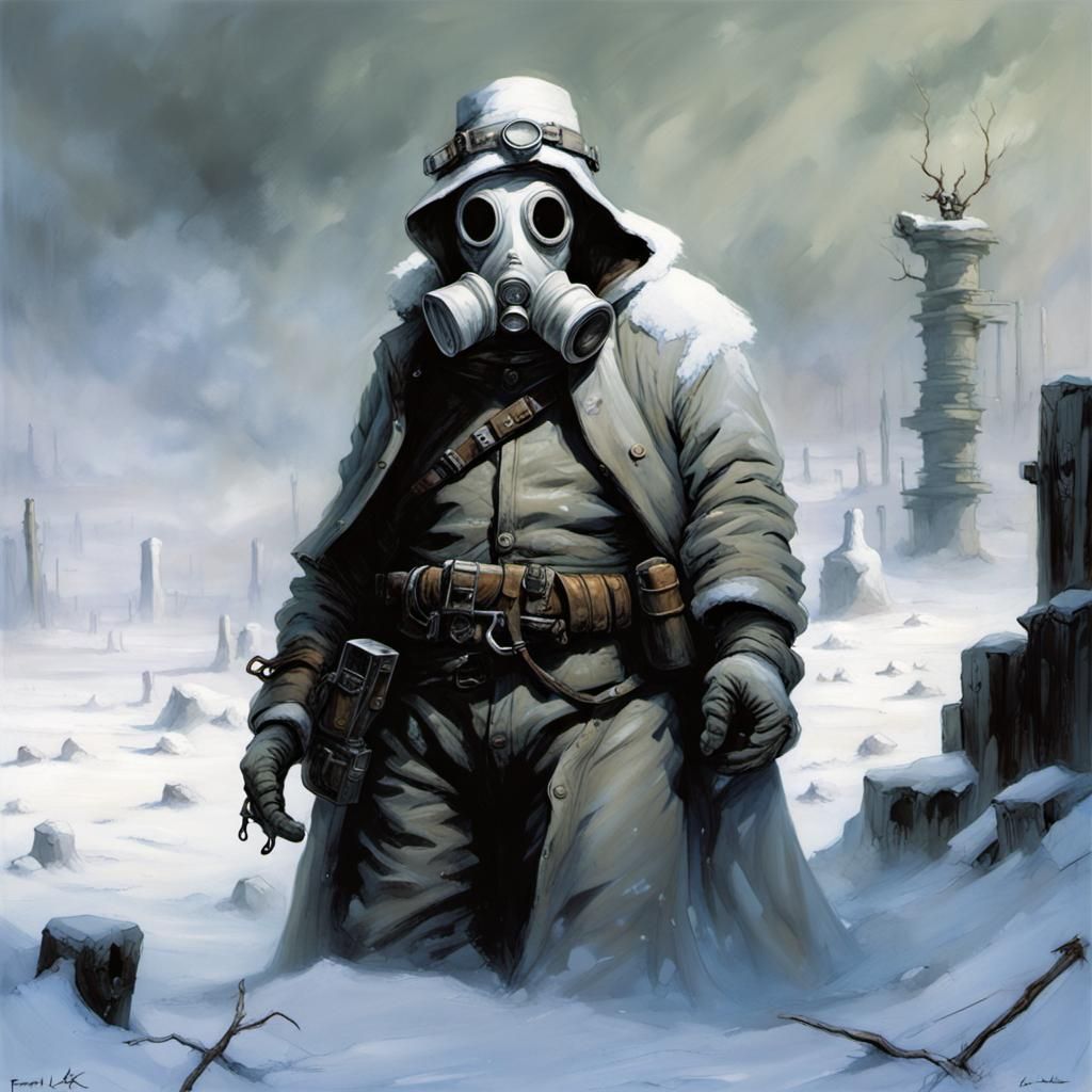 Postapocalyptic Snowman Haunts Barren, Dark Fantasy Wastelan...