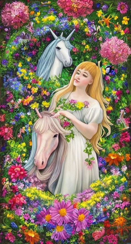Maiden and Unicorn in a Flower Meadow