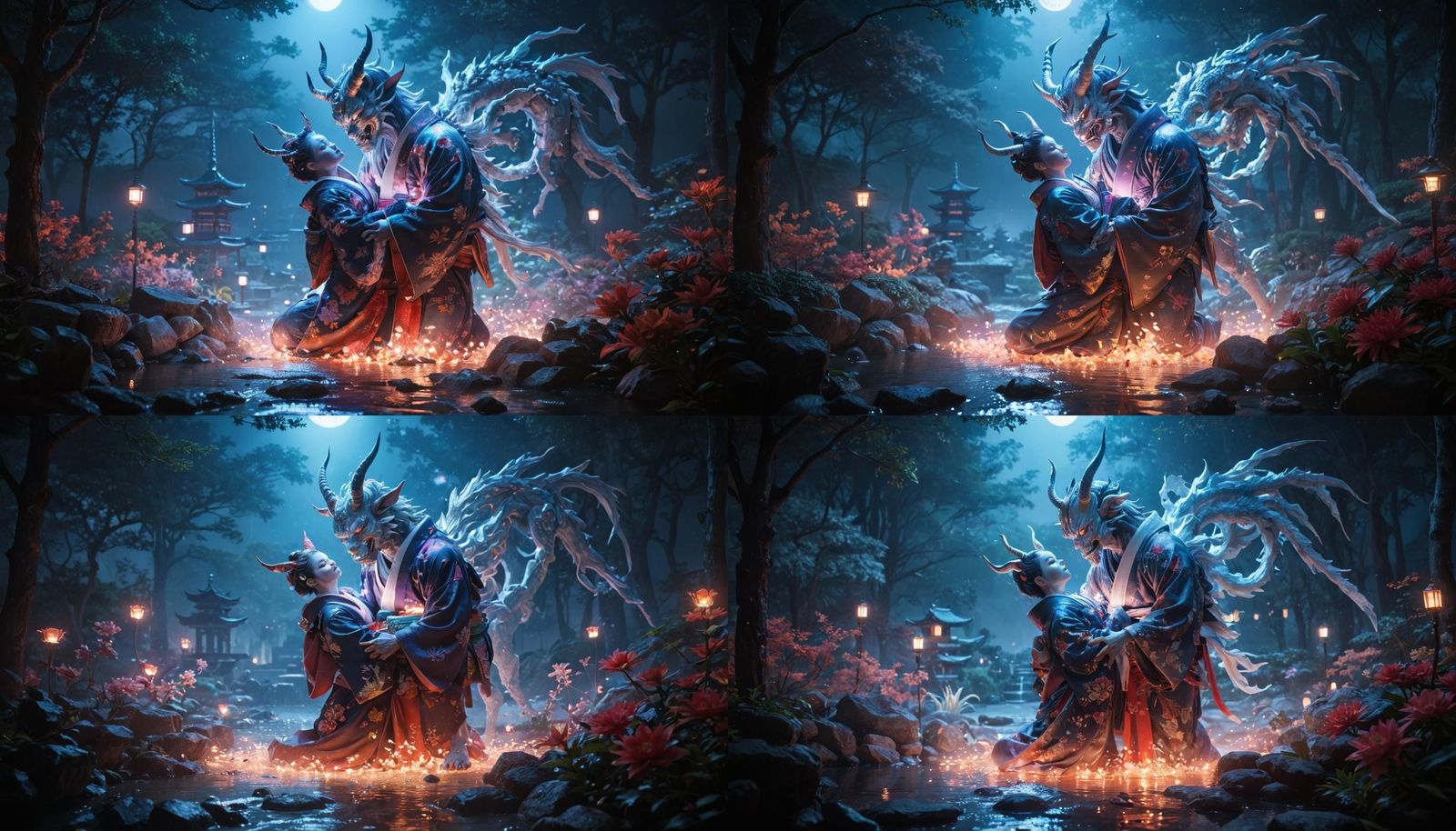 Oni Warrior Hugging Kirin in Japanese Garden