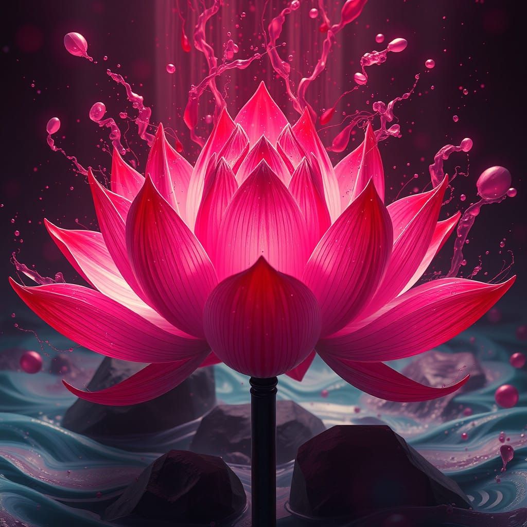 Surreal Crimson Blood Lotus Blooms in Fantasy Landscape