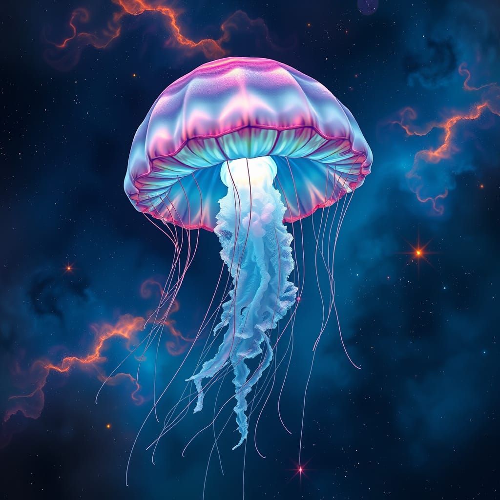 Bioluminescent Jellyfish in Cosmic Ocean, Surreal Art