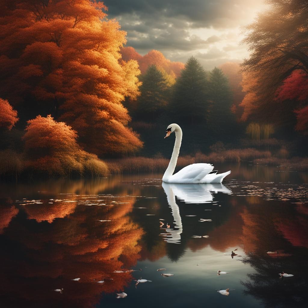Swan in Autumn Pond: Digital Matte Painting