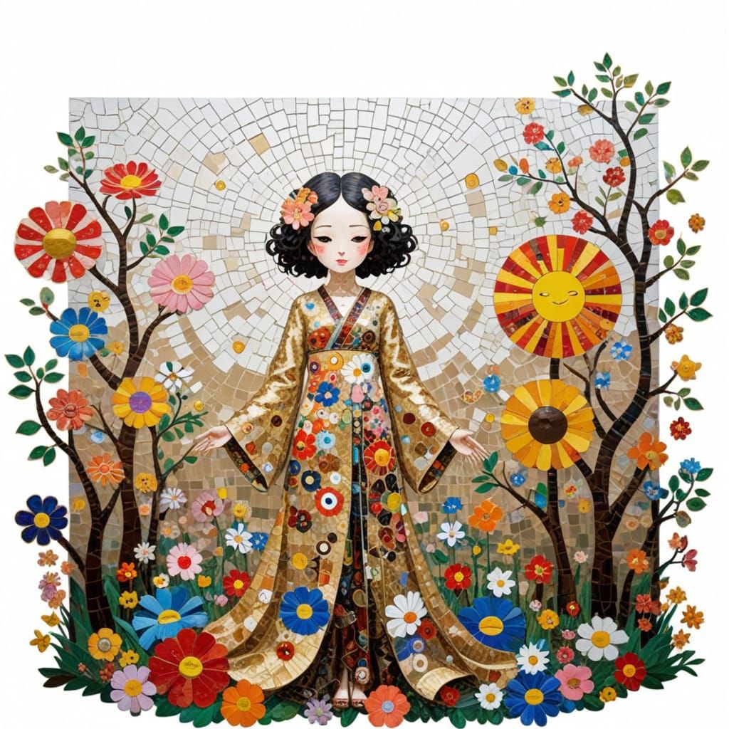 Chibi Spring Goddess in Klimt Mosaic Style