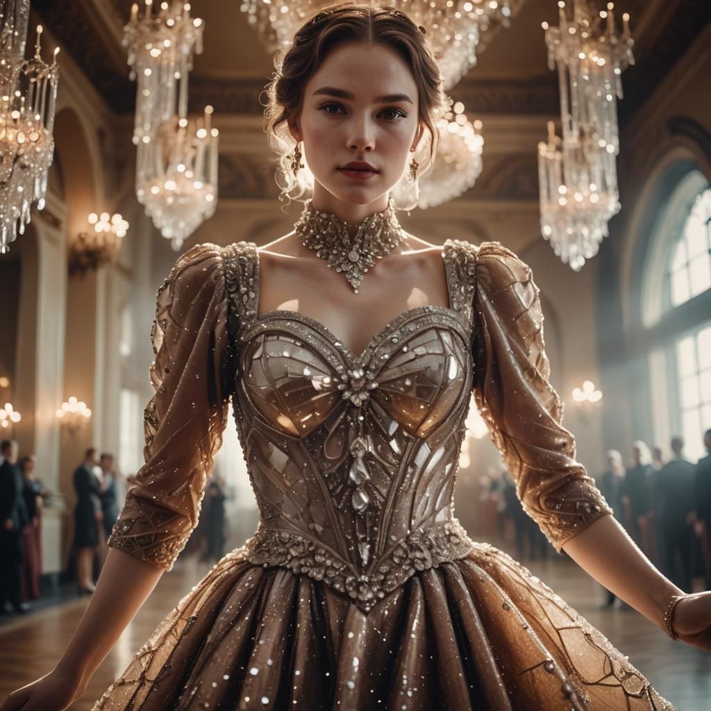 Woman in Ornate Dress in Grand Ballroom