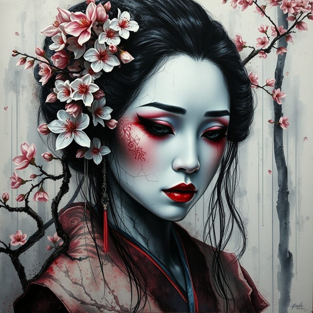 Mysterious Watercolor Geisha in Dark, Whimsical Japanese Lan...