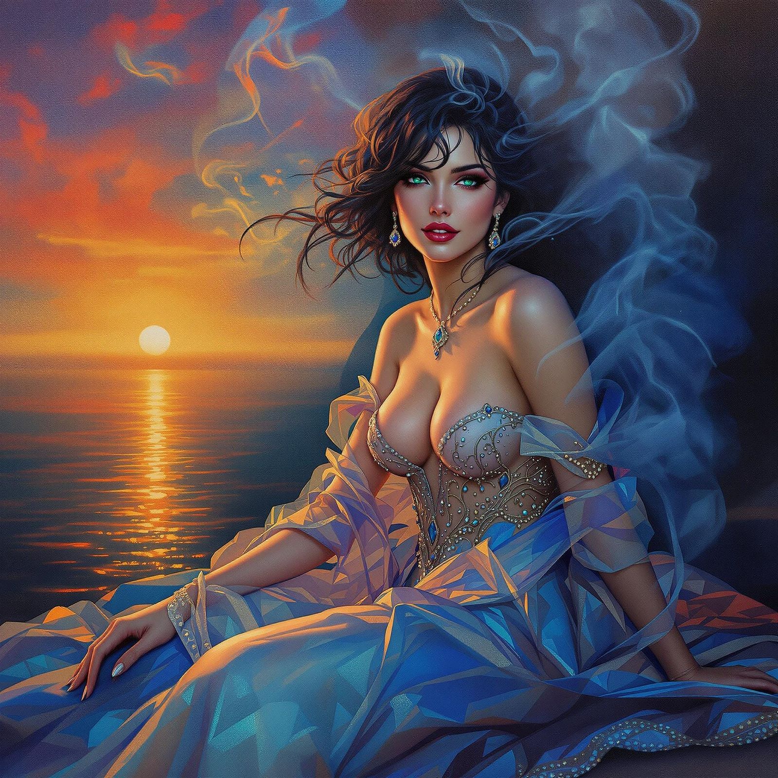 Regal American Woman in a Whimsical, Smoke-Enveloped Landsca...