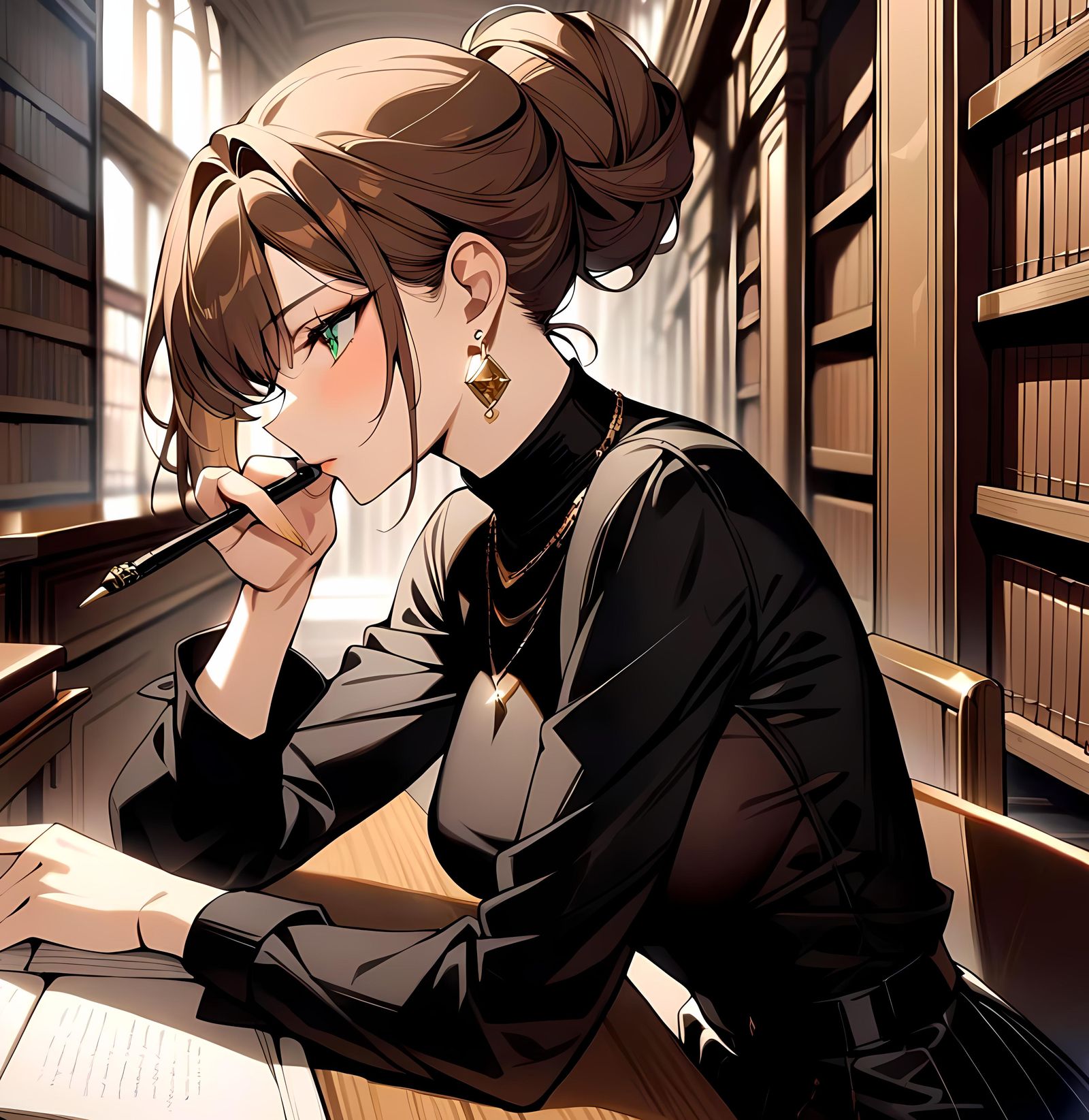 Pensive Girl Doing Research in Library