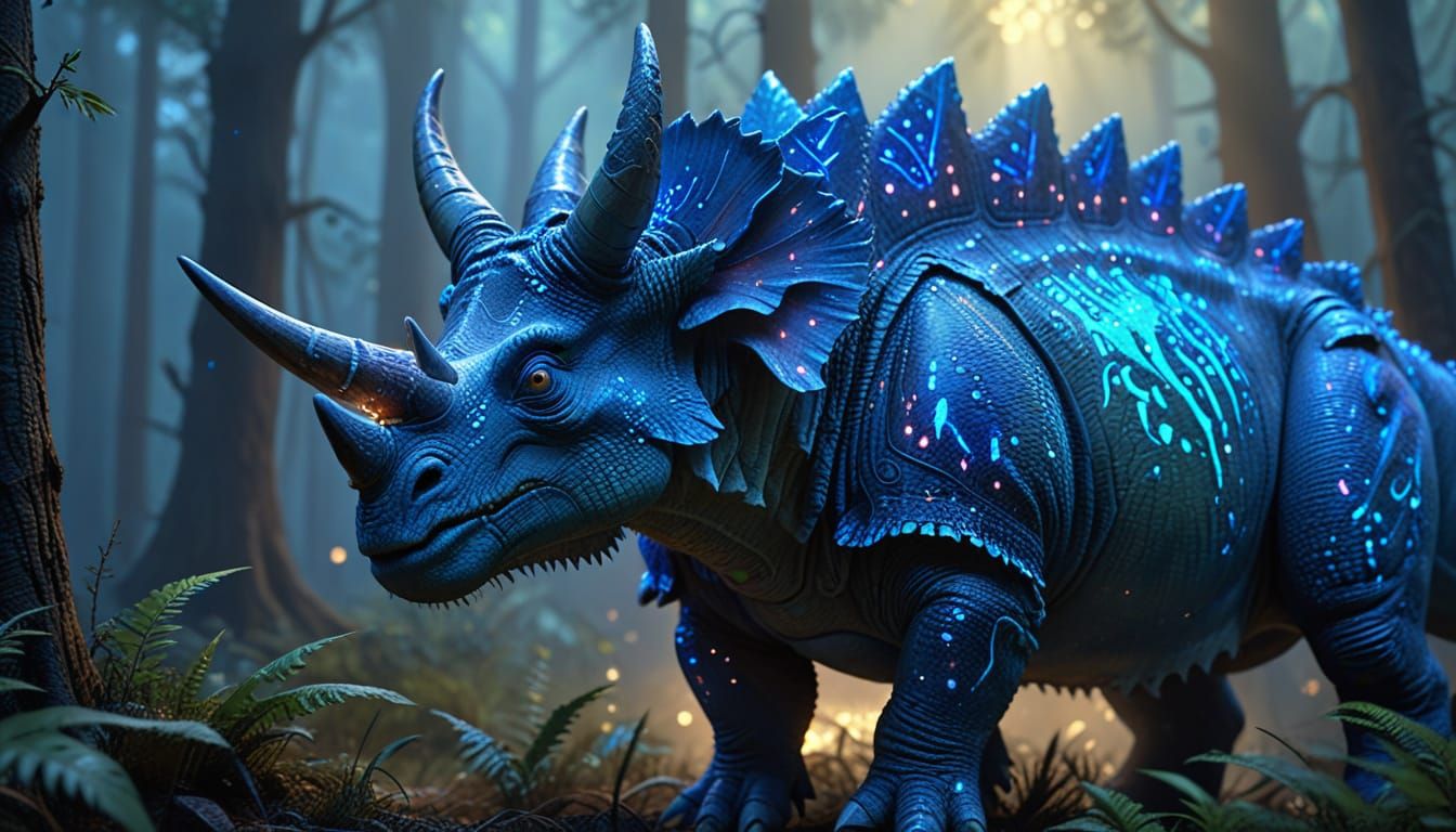 Adolescent Triceratops with Glowing Runes in Fantasy Forest