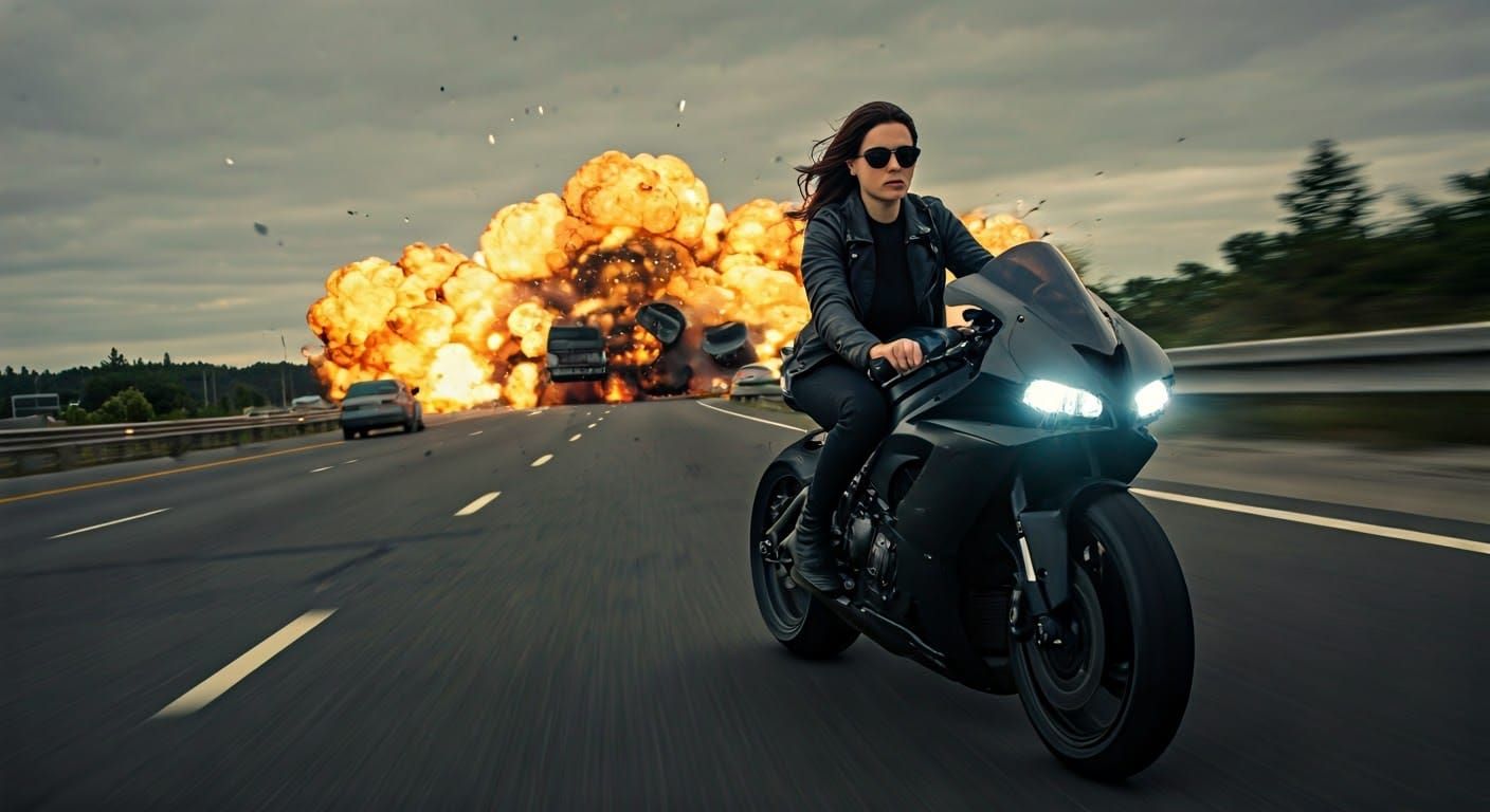 Female Spy Escapes Explosion: Action Movie Still