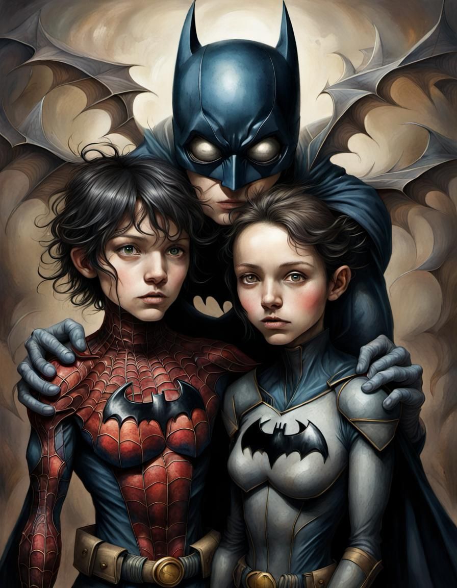 Batman and Spiderman Fusion in Surreal Skullcore Style