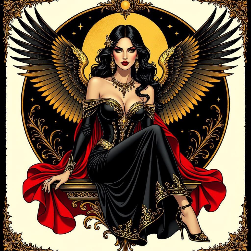 Mystical Woman with Bird Wings in Tattoo Style