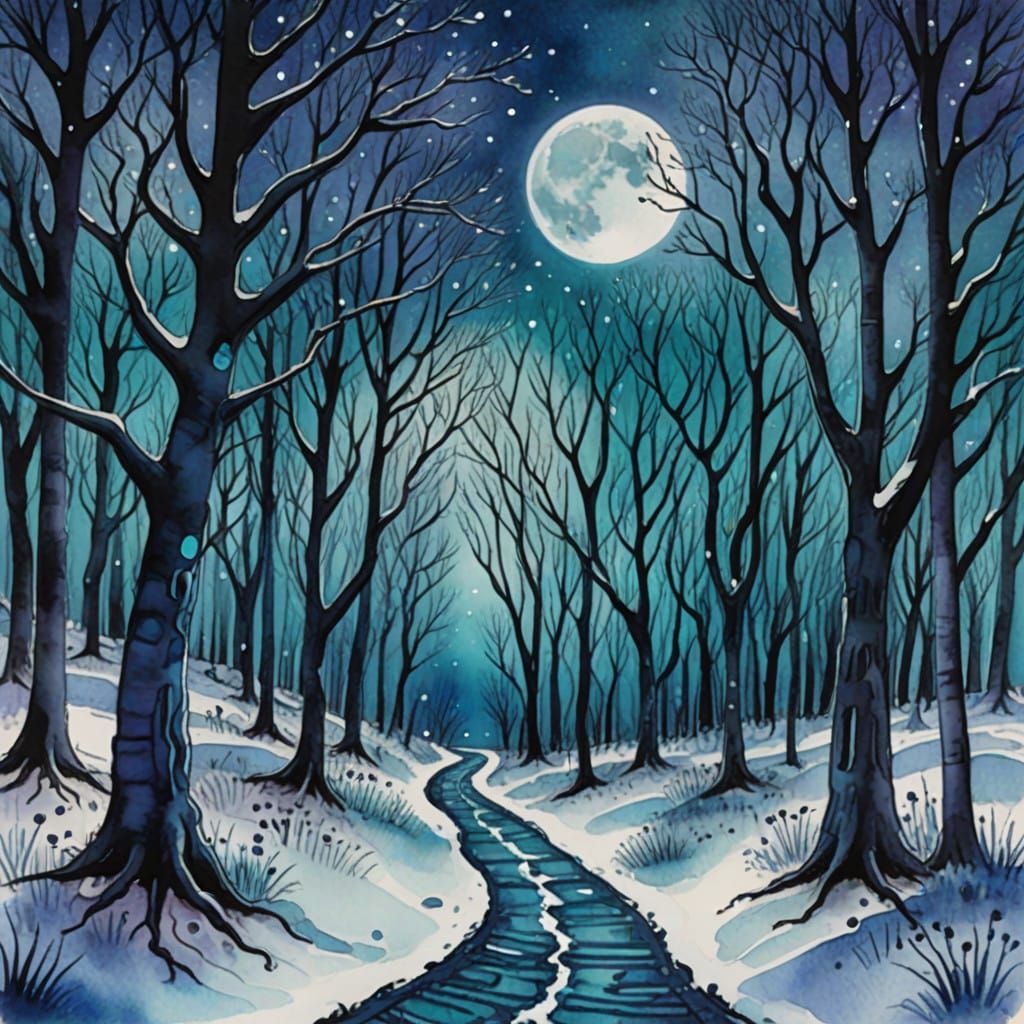 Winter Wonderland in Enchanting Forest with Indigo Skies