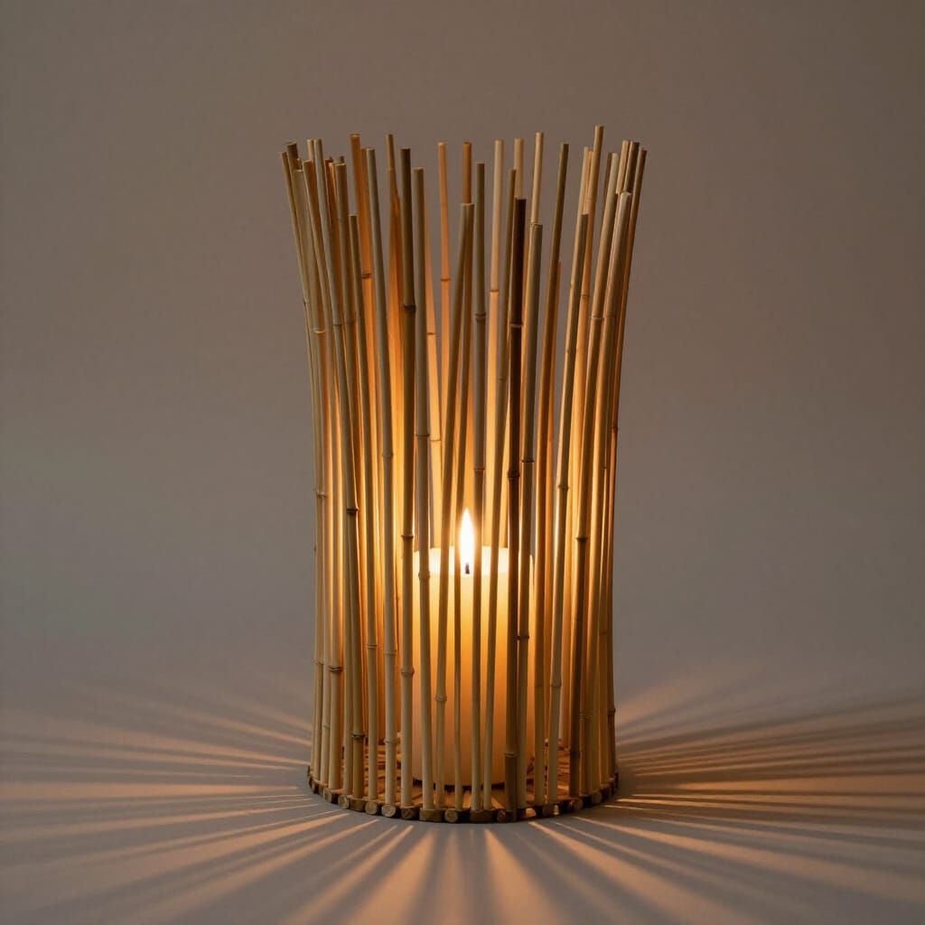 Abstract Bamboo Candle Sculpture with Warm Golden Light