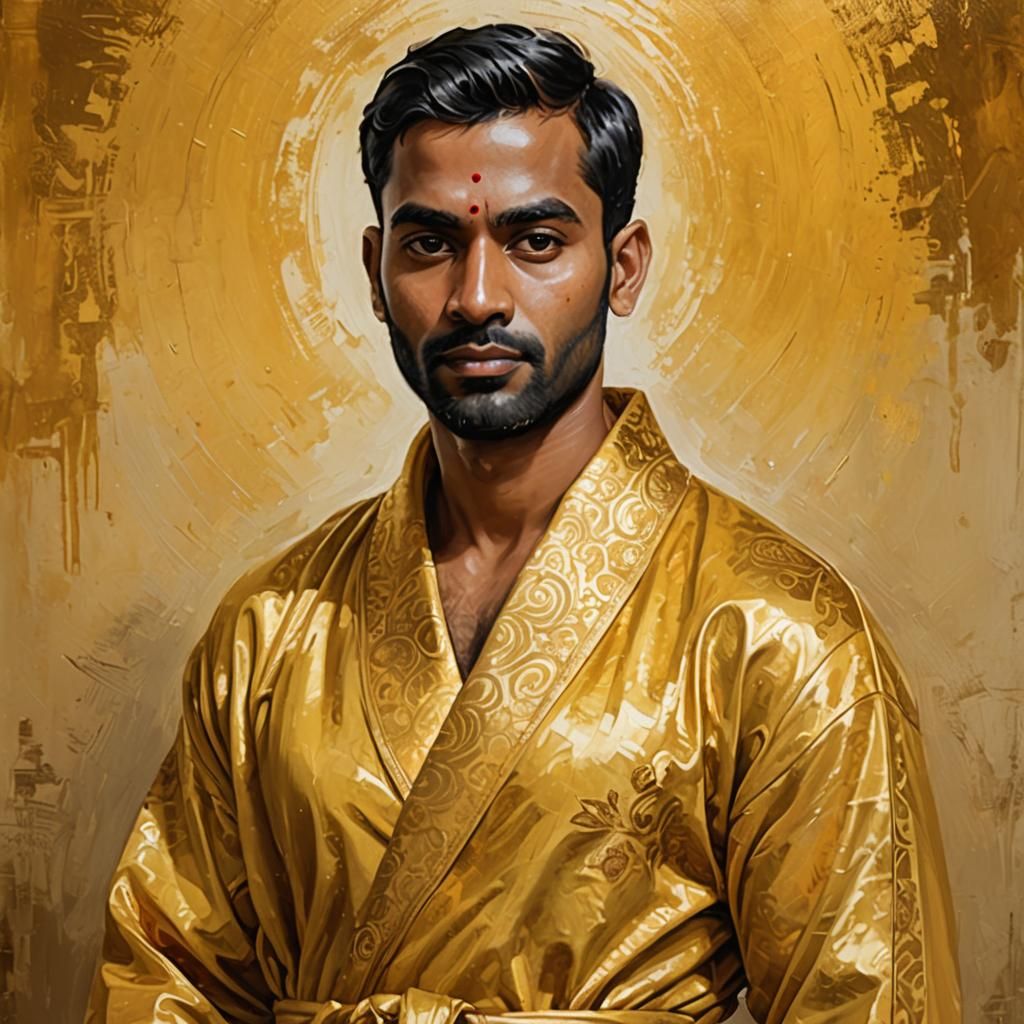 Hindu Man in Gold Robe: Impressionist Oil Painting