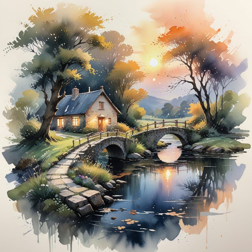 Stone Bridge Sunset: Harmonious Watercolour Countryside