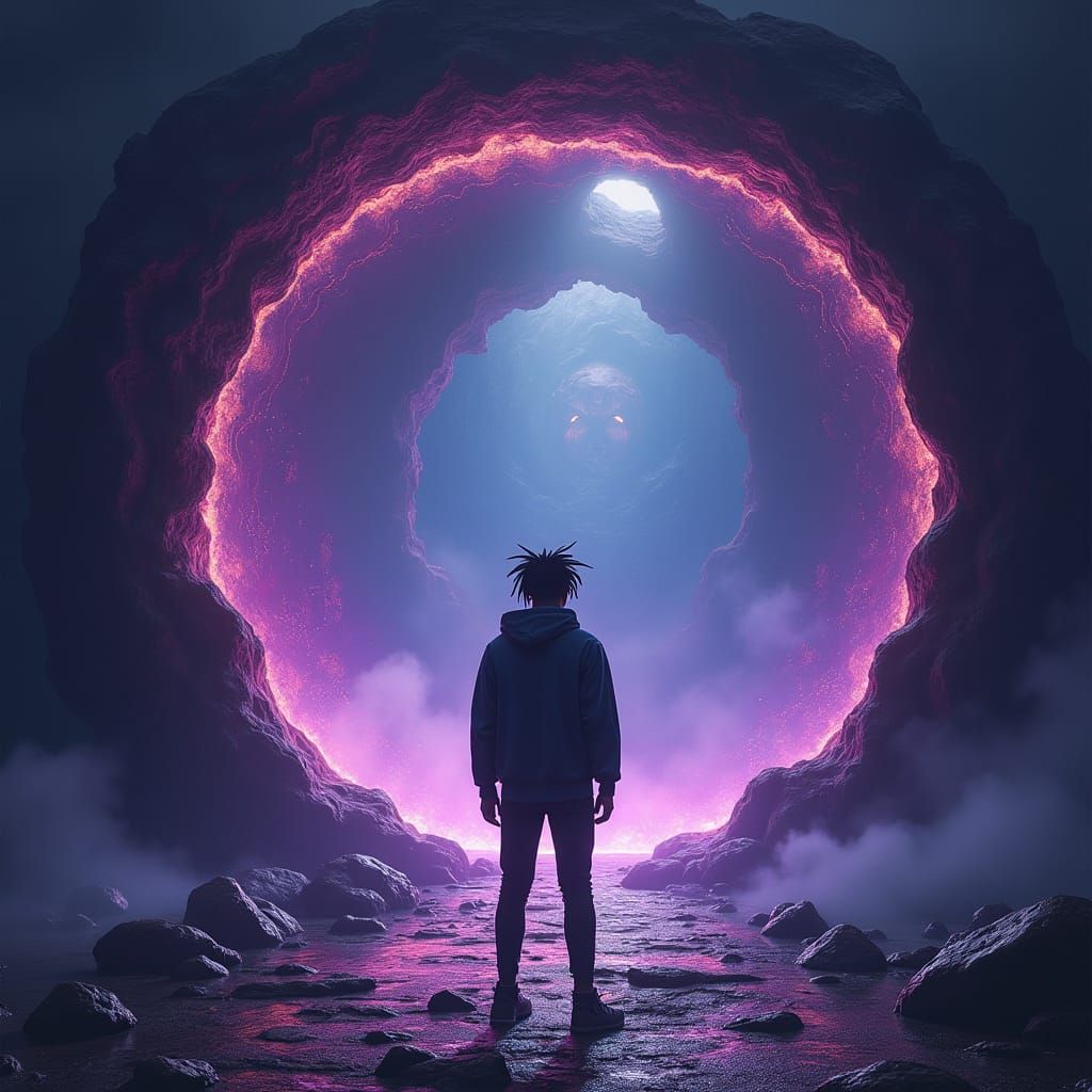 Rapper and Mystical Portal in Digital Art Style