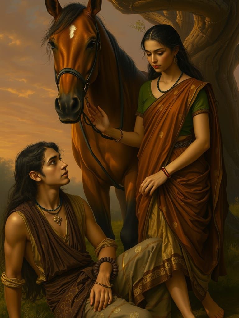 Majestic Horse and Woman in Vedic Twilight