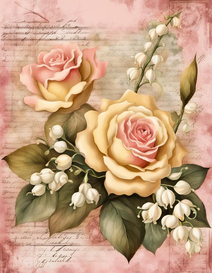 Vintage Floral Illustration in Decoupage Art Style