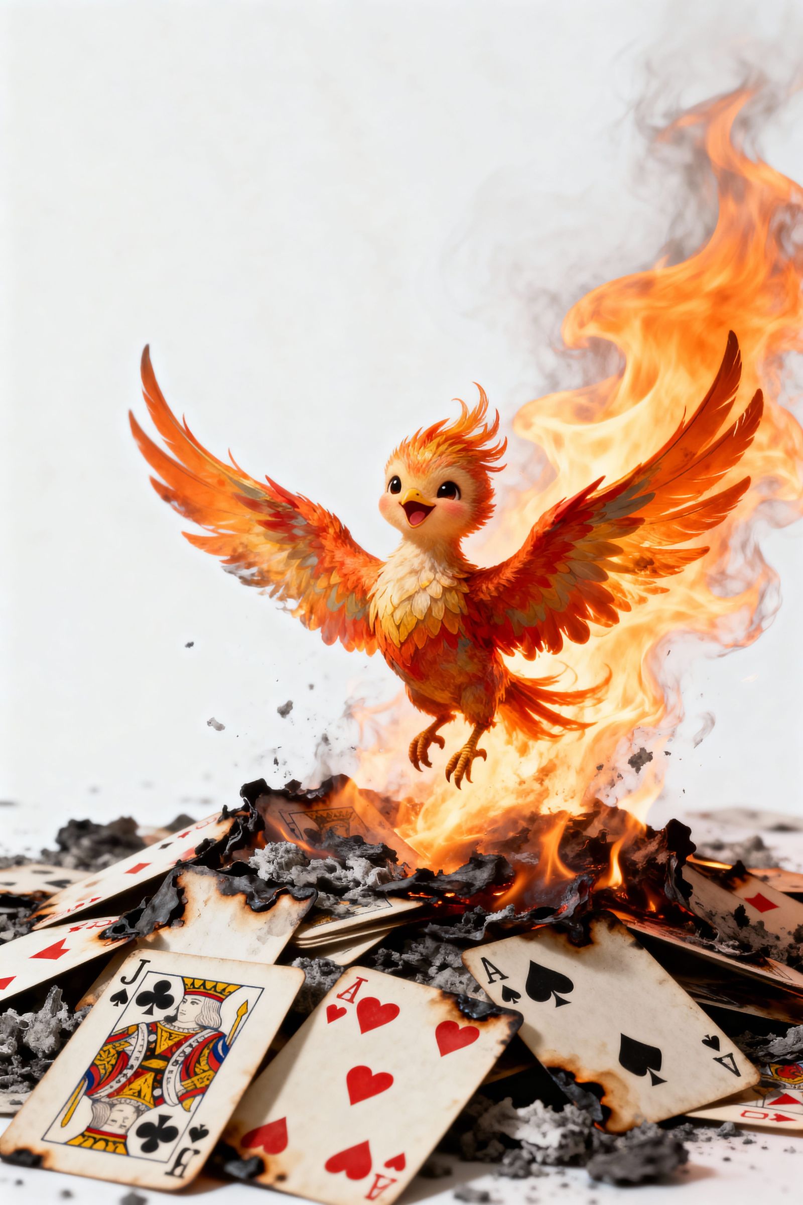 Baby Phoenix Rises From Burning Playing Cards