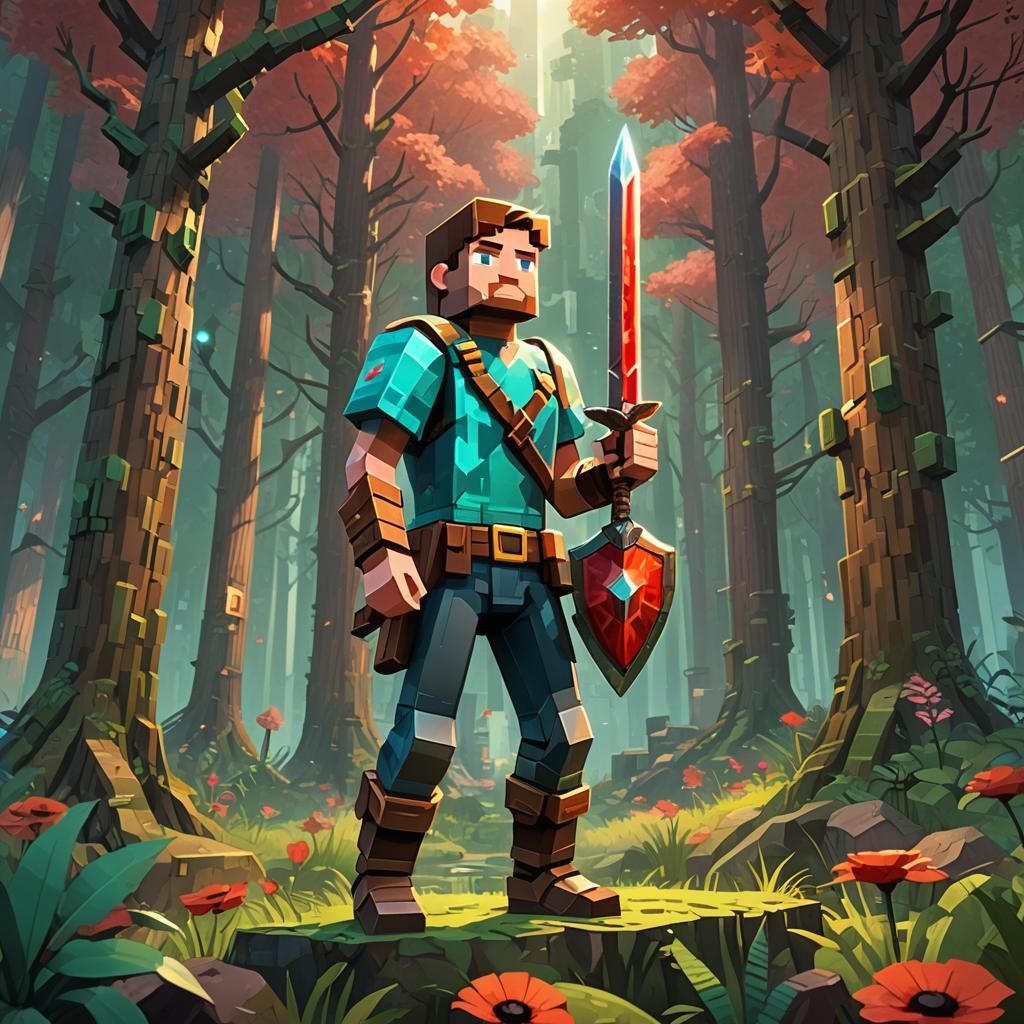 Minecraft Steve in Lush Forest, Digital Art
