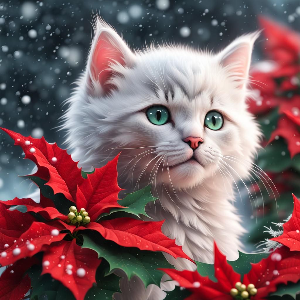Cute Kitten Portrait Behind Poinsettia in Winter Snow