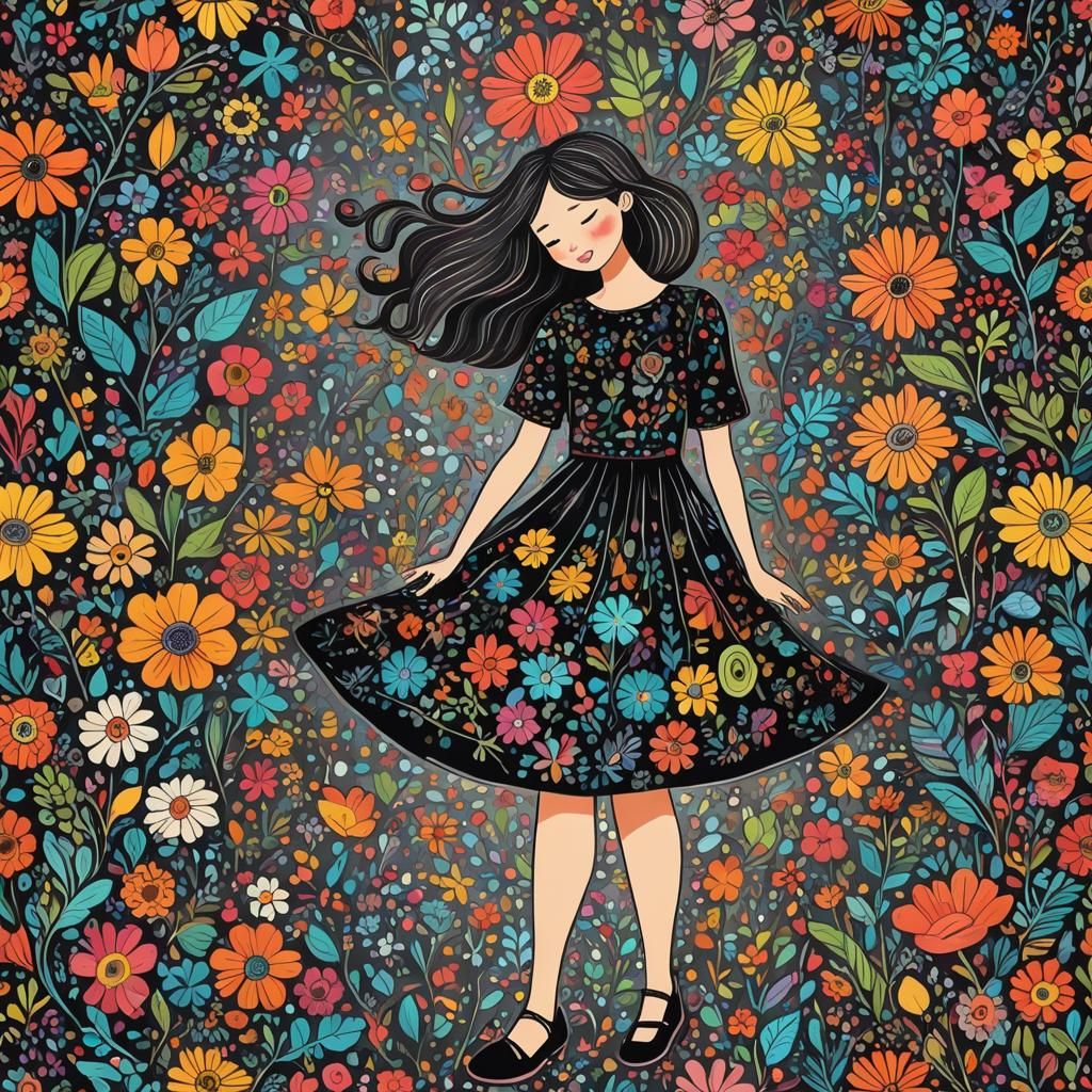 Doodle Girl Portrait with Colorful Floral Elements