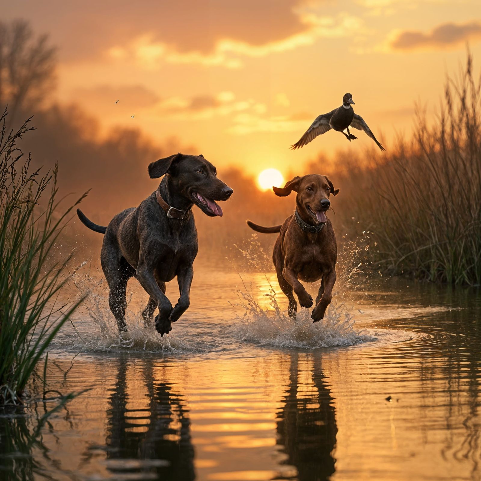 Hunting Dogs Chase Duck at Dawn: Cinematic Film Still