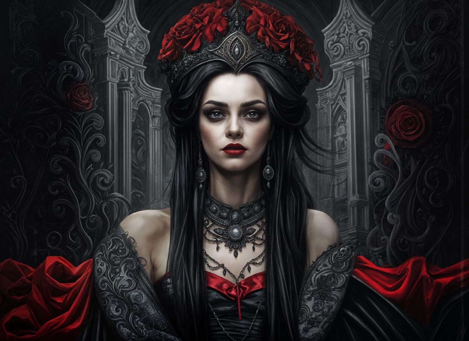 Ethereal Goth Queen in Striking Red and Black