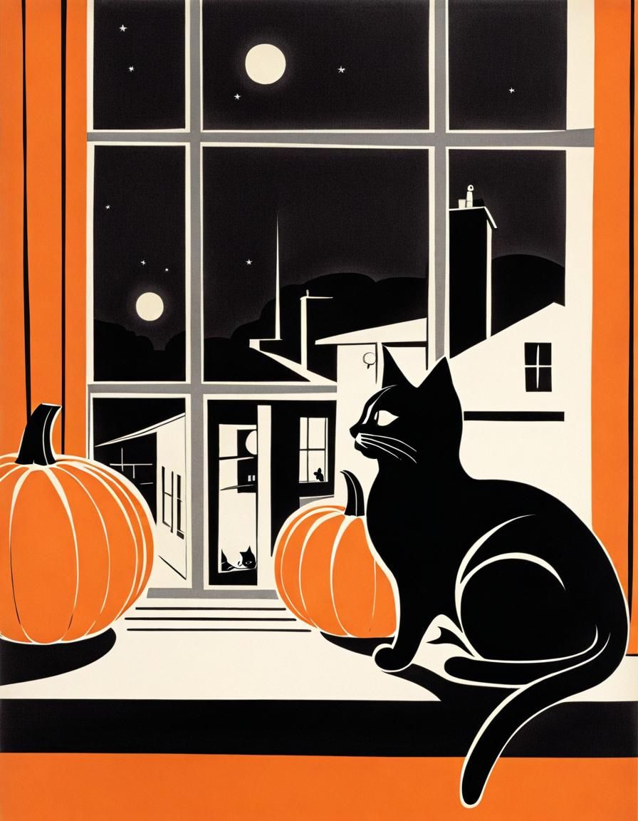 Atomic Style Cat and Jack-o'-Lantern Illustration